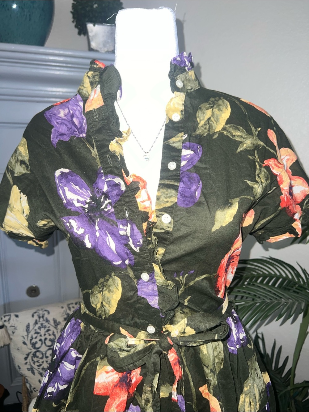 Lauren Ralph Lauren Olive Green Floral Short Dress with Orange & Purple Blooms 0 - Picture 6 of 13